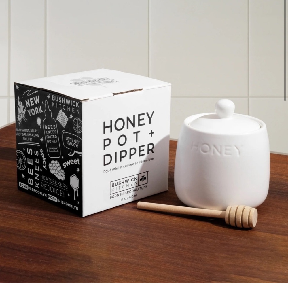 Ceramic White Honey Pot with Dipper